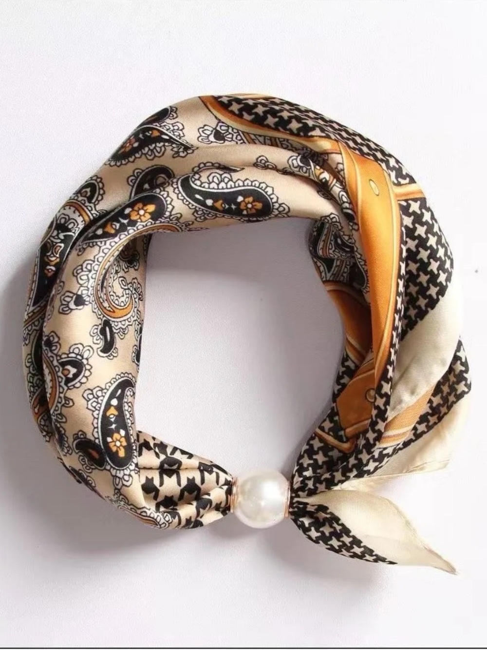 MADE IN FRANCE Silk-Feel Paisley Scarf Necklaces with Pearl Accent -Cream & Gold